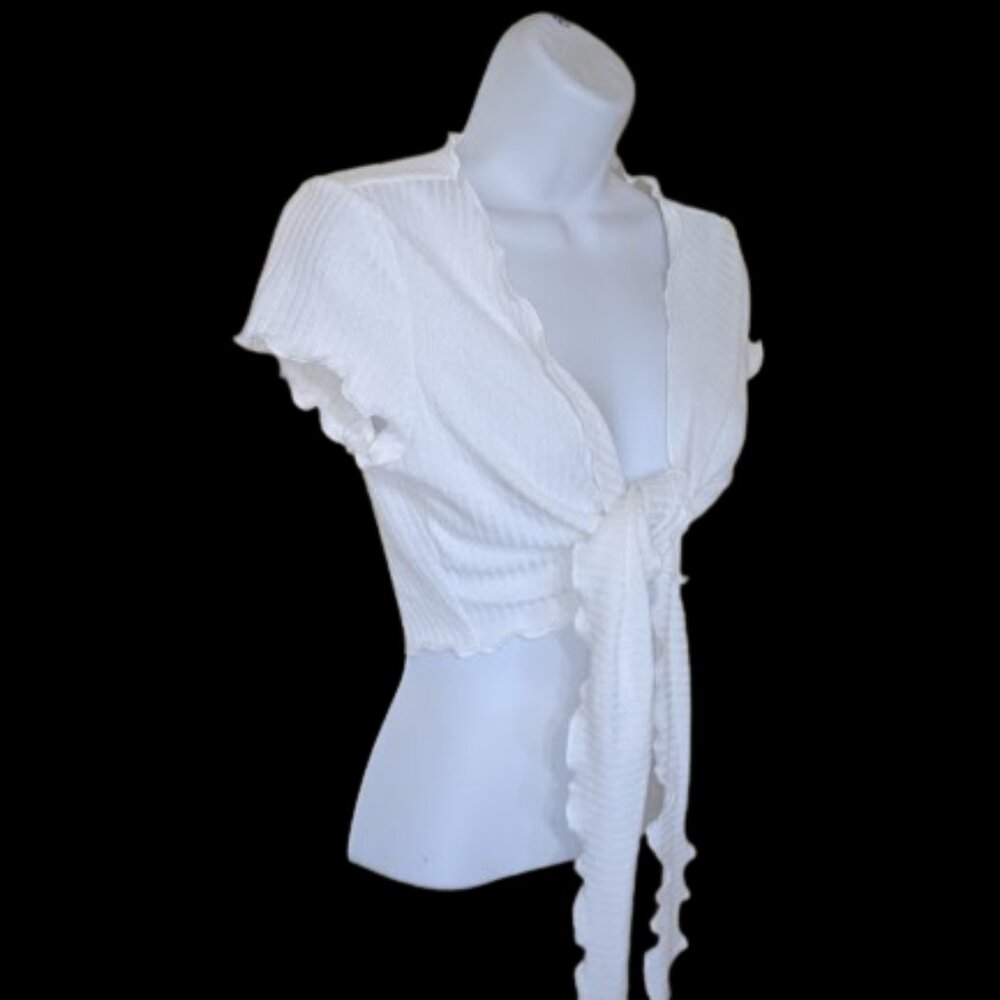 S114 Short Sleeve White Tie Front Cropped Top Size Medium / 6 New Nwot
